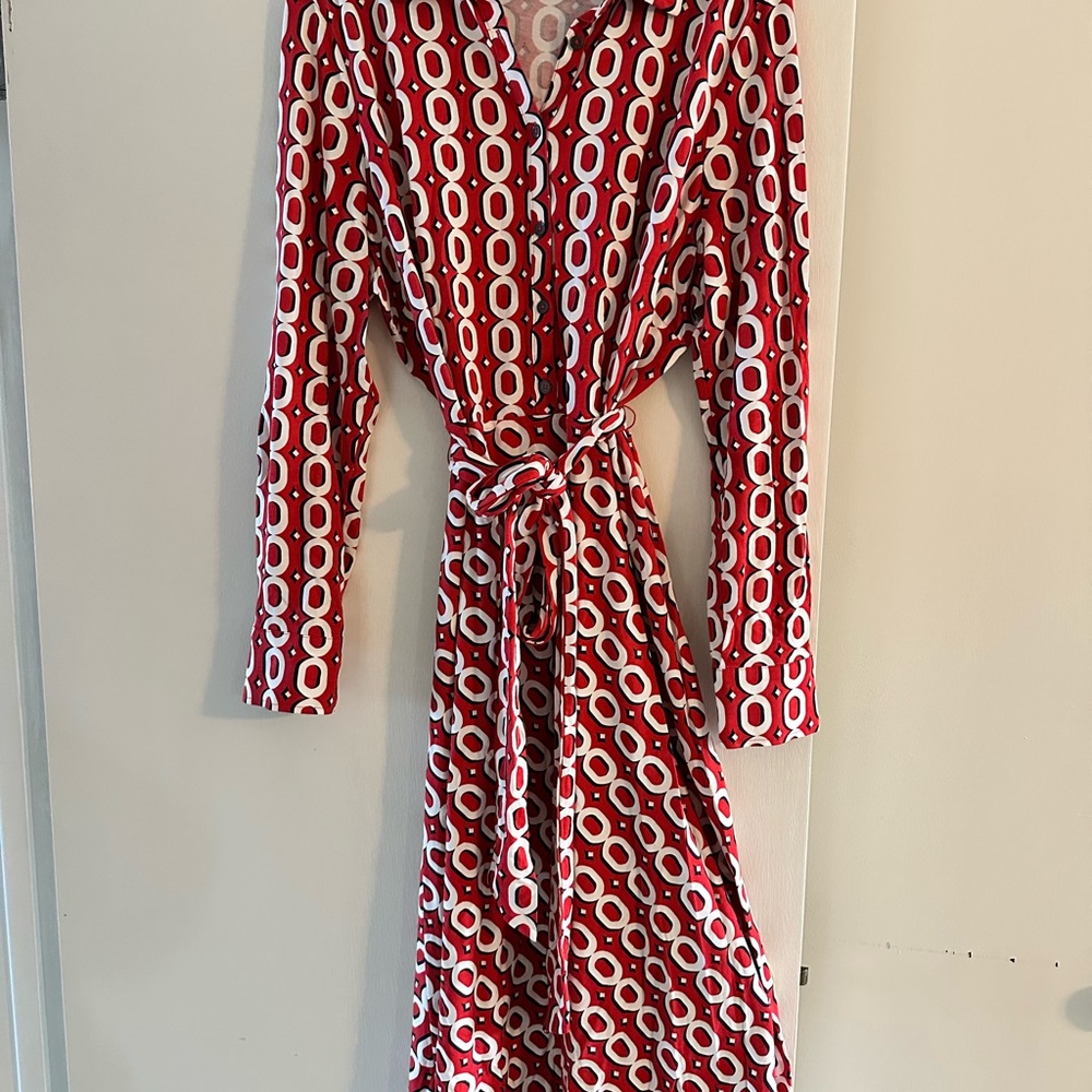 Boden Red and White Geometric Wrap Dress